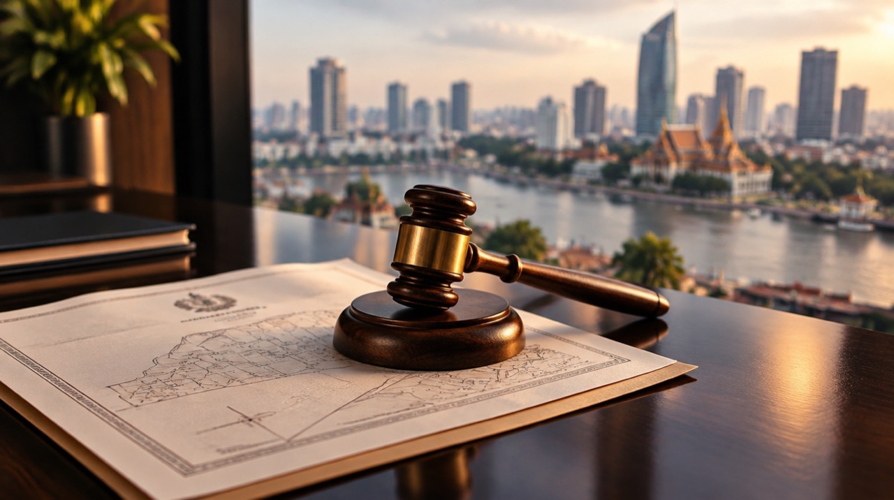 Auction gavel on property documents, Phnom Penh