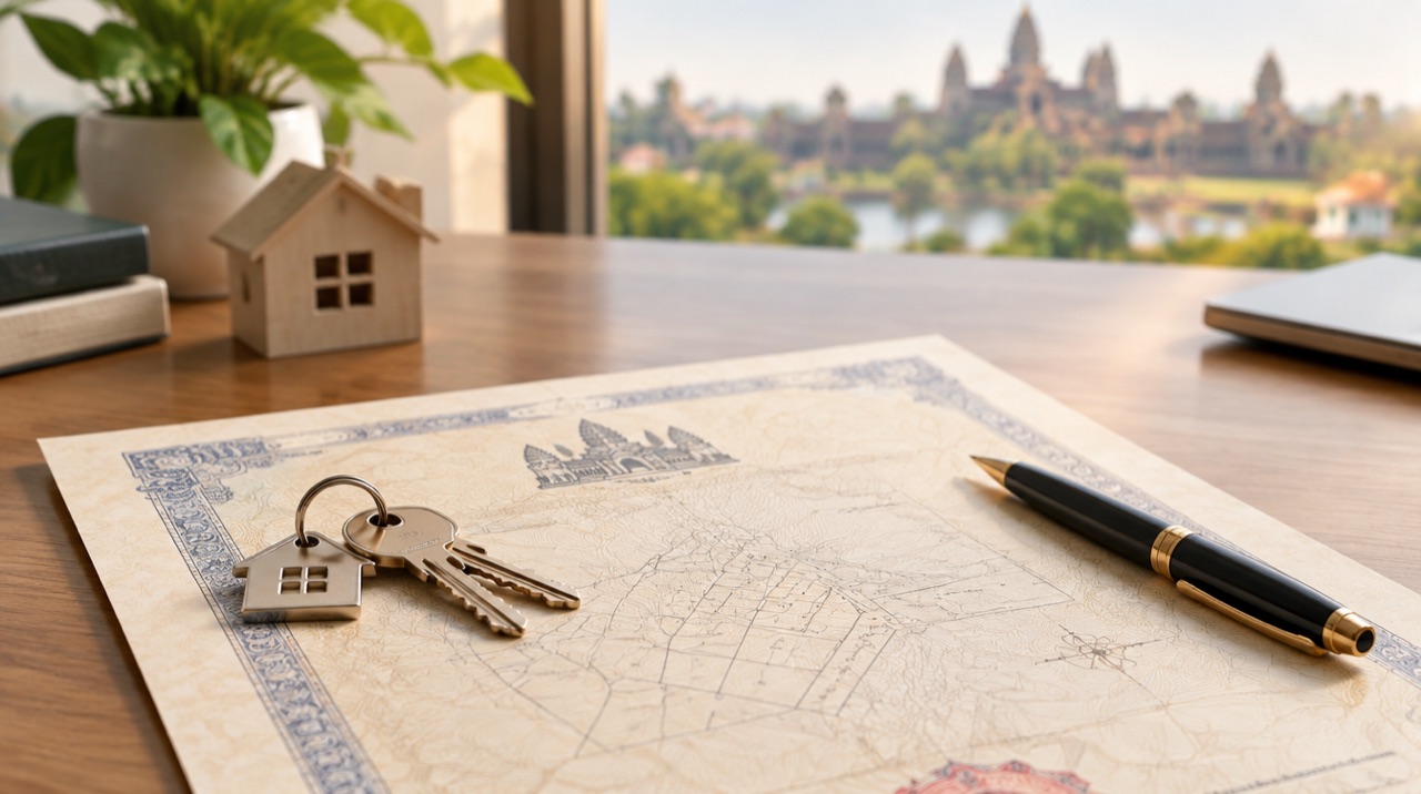 A Cambodian property title deed with house keys