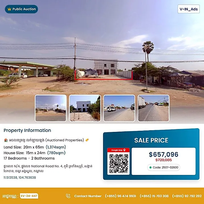 Bank Auction: Commercial Building, 1,374 m² in Baek Chan, Kandal
