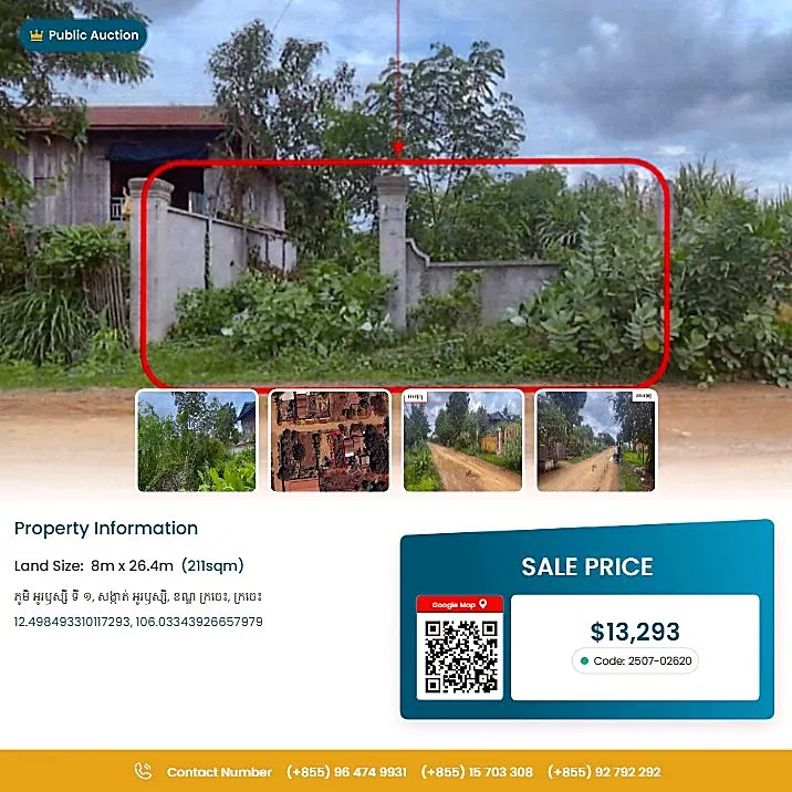 Bank Auction: Residential Plot, 211 m² in Ou Russey Ti Muoy Village, Kratie