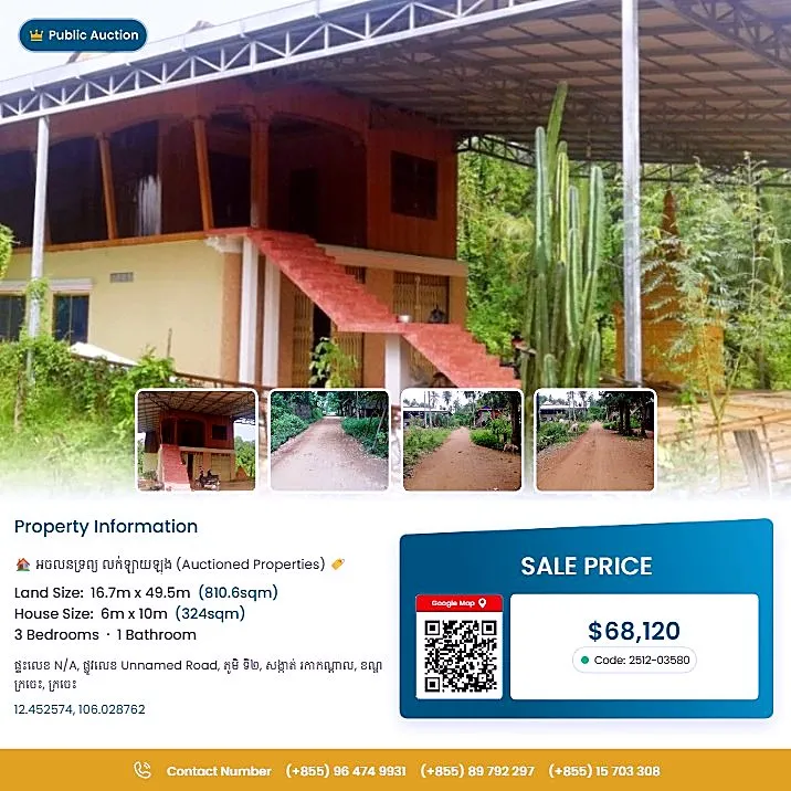 Bank Auction: Land & House, 811 m² in Roka Kandal, Kratie