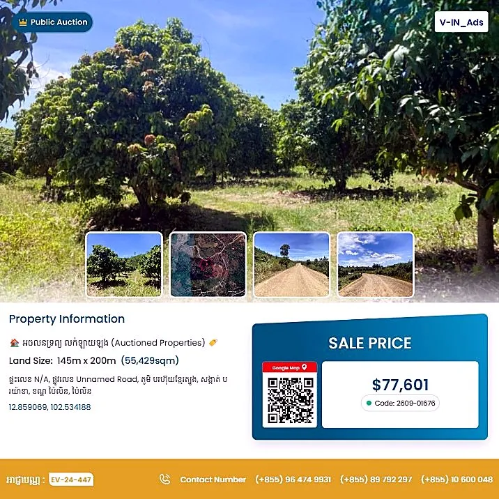 Bank Auction: Development Land, 55,429 m² in Bar Huy Khmer Tboung Village, Pailin