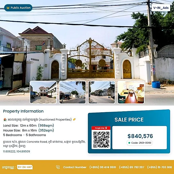 Bank Auction: Land & House, 968 m² in Tuol Sangkae 2, Phnom Penh