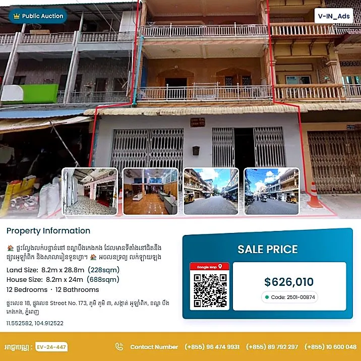 Bank Auction: 12-Bedroom Income Building, 689 m² near Olympic, Phnom Penh