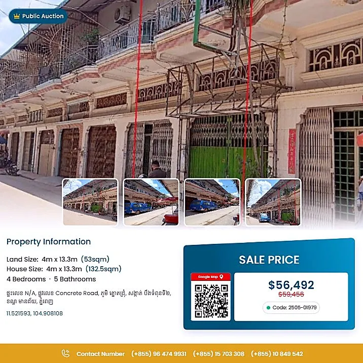 Bank Auction: Land & House, 53 m² in Boeung Thompon, Phnom Penh