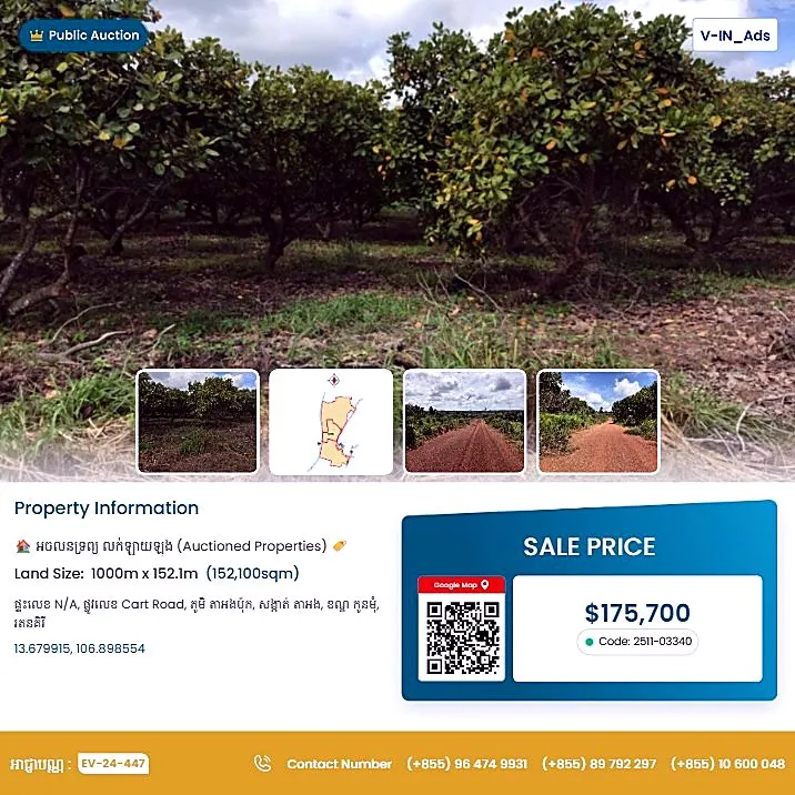 Bank Auction: Development Land, 152,100 m² in Ta Ang, Ratanak Kiri