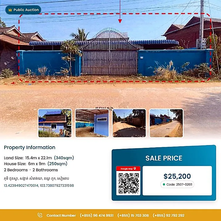 Bank Auction: Land & House, 340 m² in Samrong Ya, Siem Reap