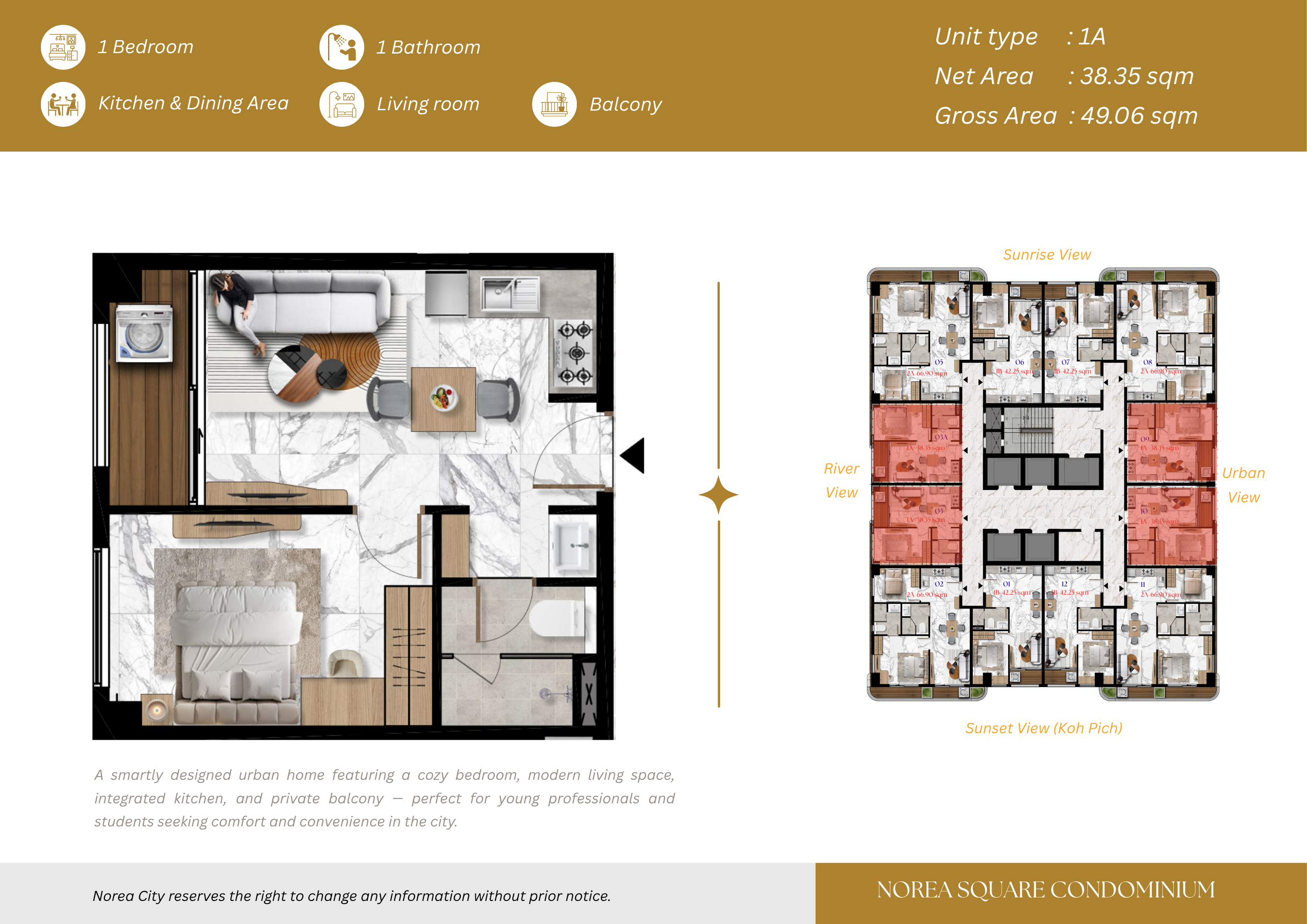 1-Bedroom River View Condo for Sale at Norea Square | Koh Norea, Phnom Penh