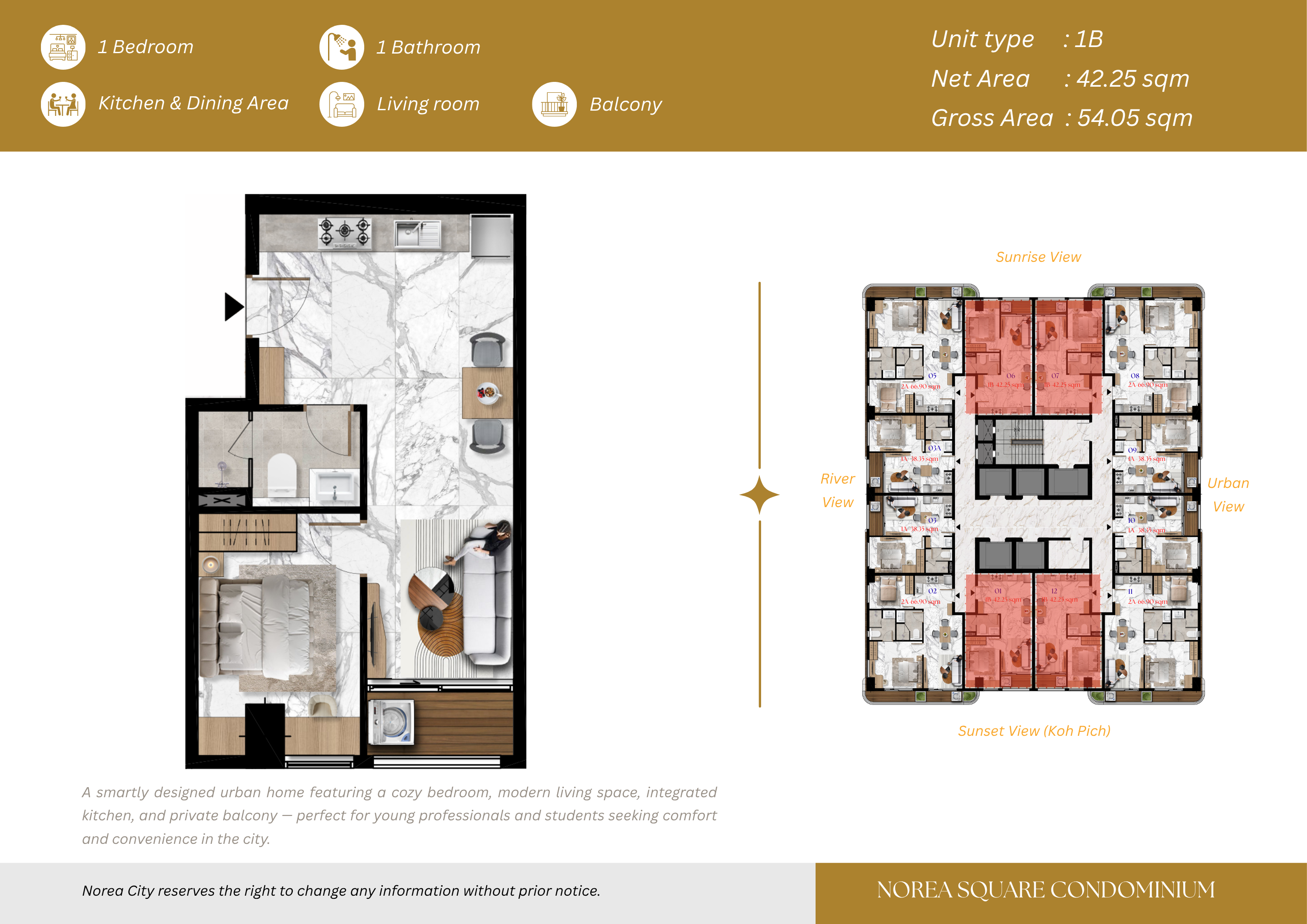 1-Bedroom Sunrise View Condo for Sale at Norea Square | 54.05 sqm, Phnom Penh